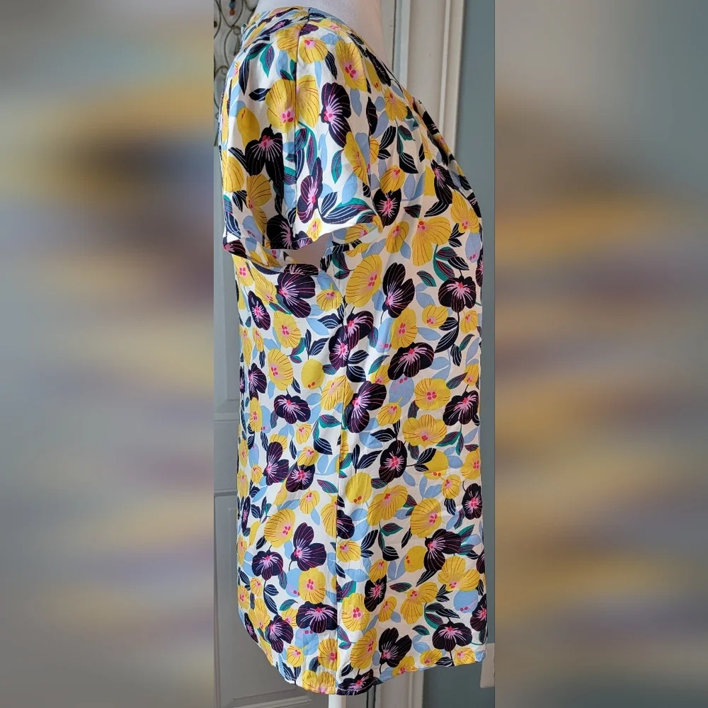 Boden Florence Floral Blouse Women's 4 Yellow Blue Pansies Silk Blend Short Slee